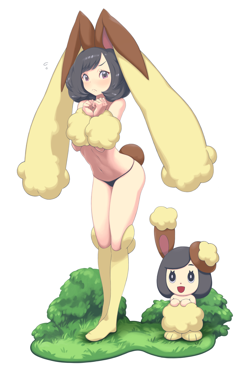 1girl, :<, animal_ears, bangs, black_hair, black_panties, blush, buneary, buneary_(cosplay), chibi, chibi_inset, clenched_hands, closed_mouth, commentary_request, cosplay, eyelashes, full_body, gen_4_pokemon, grass, hands_together, highres, kneehighs, looking_at_viewer, lopunny, lopunny_(cosplay), medium_hair, mizuki_(pokemon), mk_(mikka), navel, panties, pokemon, pokemon_(game), pokemon_sm, rabbit_ears, standing, swept_bangs, underwear, violet_eyes, white_background