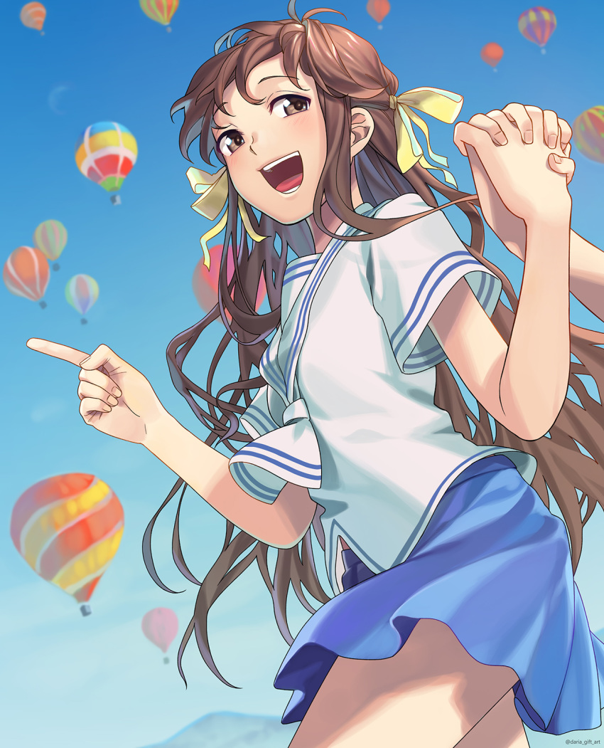 1girl, aircraft, blue_sky, brown_eyes, brown_hair, dariagiftstuff, fruits_basket, hair_ribbon, highres, holding_hands, honda_tooru, hot_air_balloon, interlocked_fingers, long_hair, mountain, open_mouth, pleated_skirt, pointing, ribbon, school_uniform, serafuku, skirt, sky, smile, solo_focus