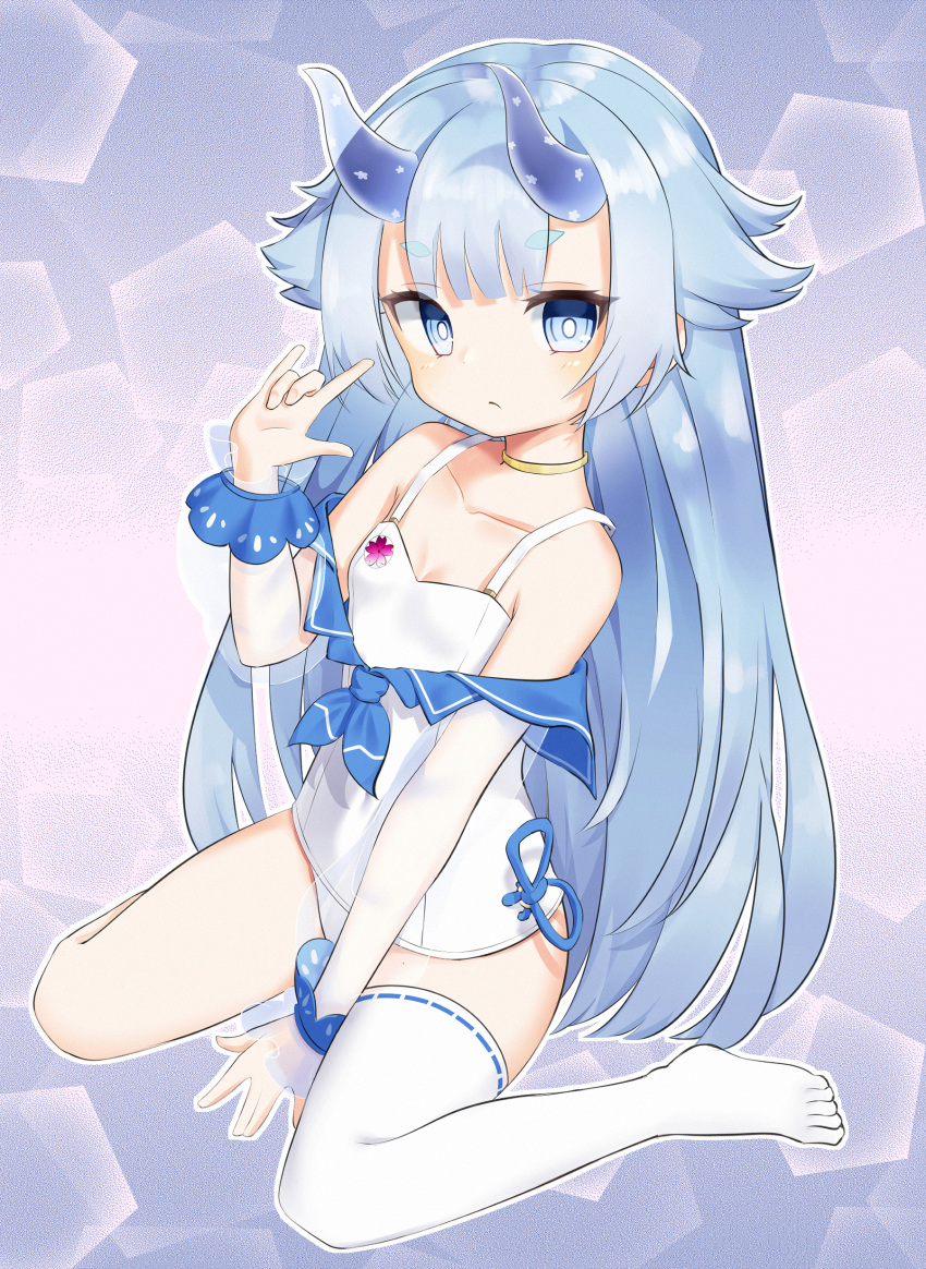 1girl, \m/, absurdres, azur_lane, bangs, between_legs, blue_eyes, blue_hair, blue_horns, closed_mouth, eyebrows_visible_through_hair, full_moon, gold_choker, hair_flaps, hand_between_legs, highres, horns, i-13_(azur_lane), long_hair, looking_at_viewer, moon, no_shoes, one-piece_swimsuit, poppypilf, ribbon-trimmed_legwear, ribbon_trim, short_eyebrows, single_thighhigh, sitting, solo, swimsuit, thick_eyebrows, thigh-highs, transparent_horns, very_long_hair, wariza, white_legwear, white_swimsuit