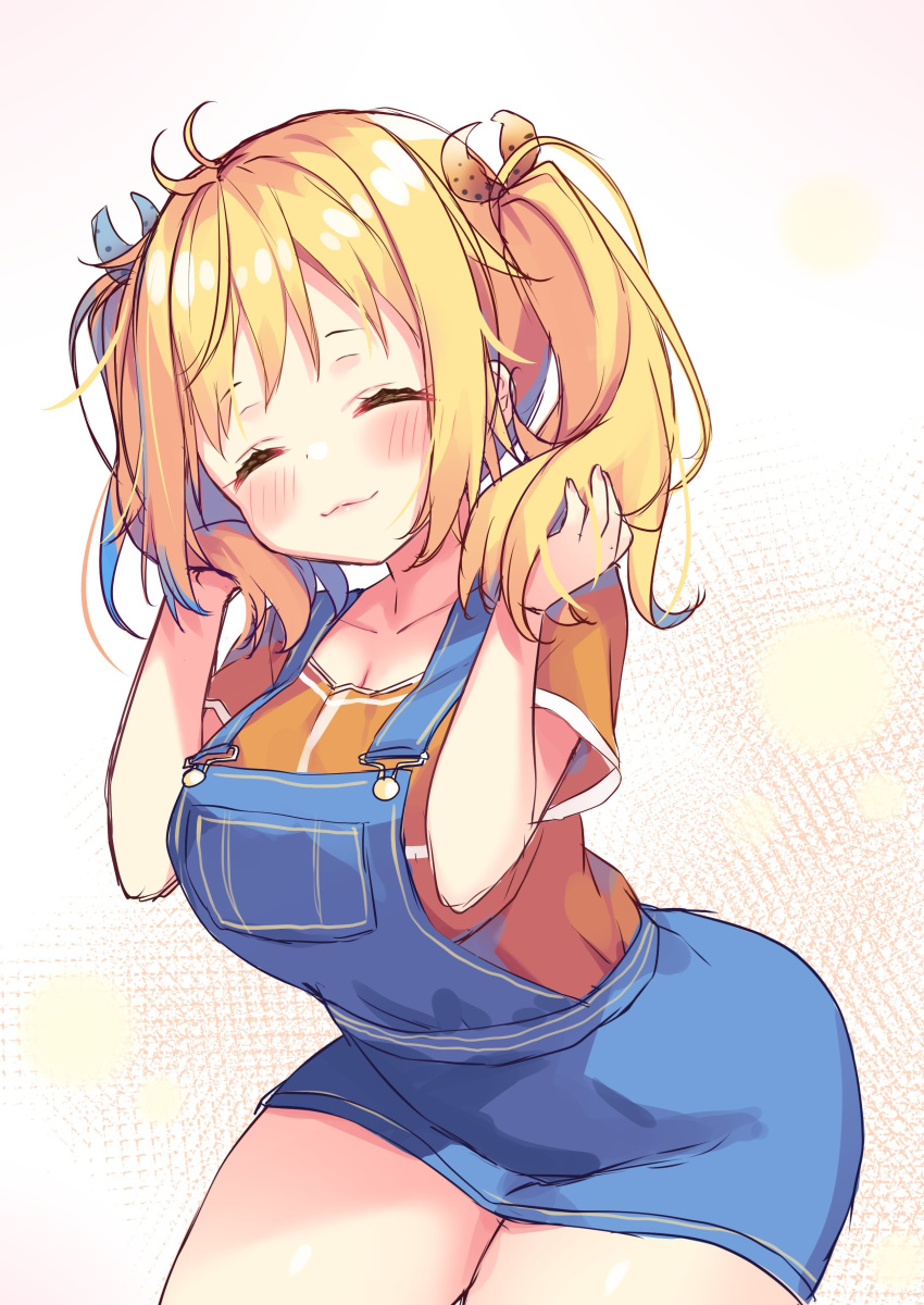 1boy, absurdres, asa_no_ha, blonde_hair, blush, breasts, closed_eyes, denim