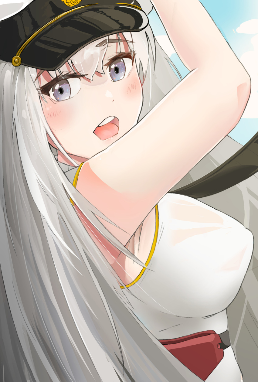 1girl, azur_lane, blue_eyes, blue_sky, blush, breasts, enterprise_(azur_lane), hand_up