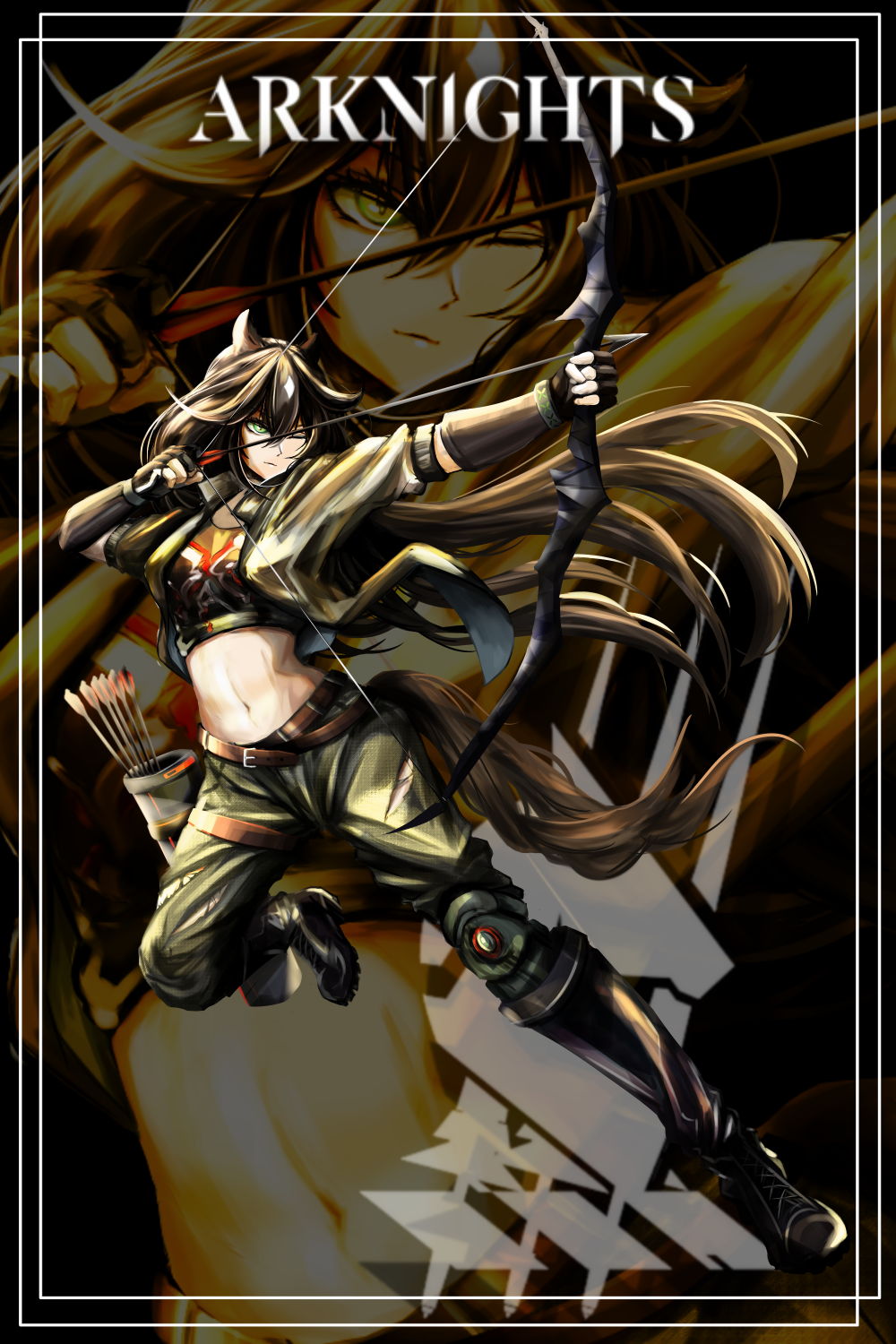 1girl, aiming, animal_ears, arknights, arrow_(projectile), bangs, belt, black_footwear, black_gloves, border, bow_(weapon), breasts, brown_belt, brown_hair, closed_mouth, commentary, copyright_name, crop_top, eyebrows_behind_hair, fingerless_gloves, full_body, gloves, green_eyes, green_pants, grey_capelet, groin, hair_between_eyes, highres, holding, holding_bow_(weapon), holding_weapon, horse_ears, horse_tail, karlken, long_hair, looking_to_the_side, medium_breasts, meteor_(arknights), midriff, navel, one_eye_closed, pants, ponytail, quiver, shirt, sidelocks, solo, standing, tail, torn_clothes, torn_pants, underbust, vambraces, weapon, white_border, zoom_layer
