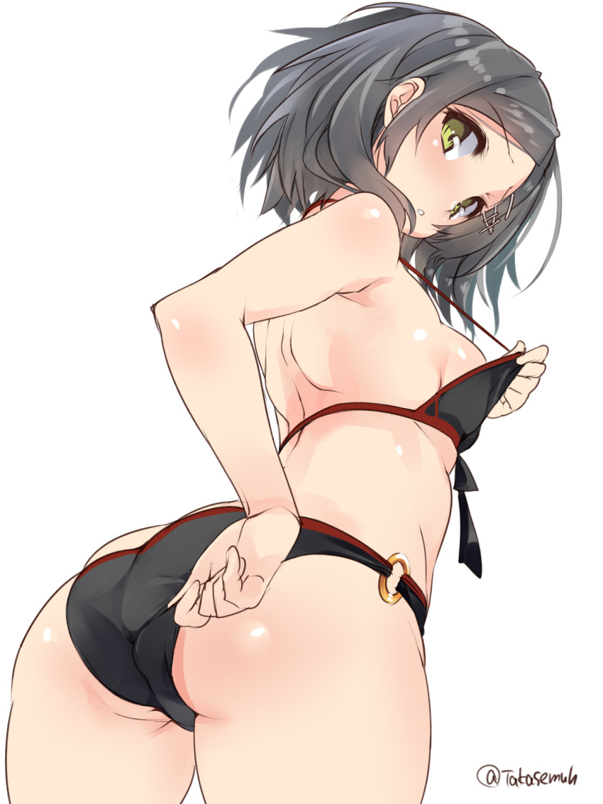 1girl, ass, bangs, bikini, black_bikini, blush, breasts, eyebrows_visible_through_hair
