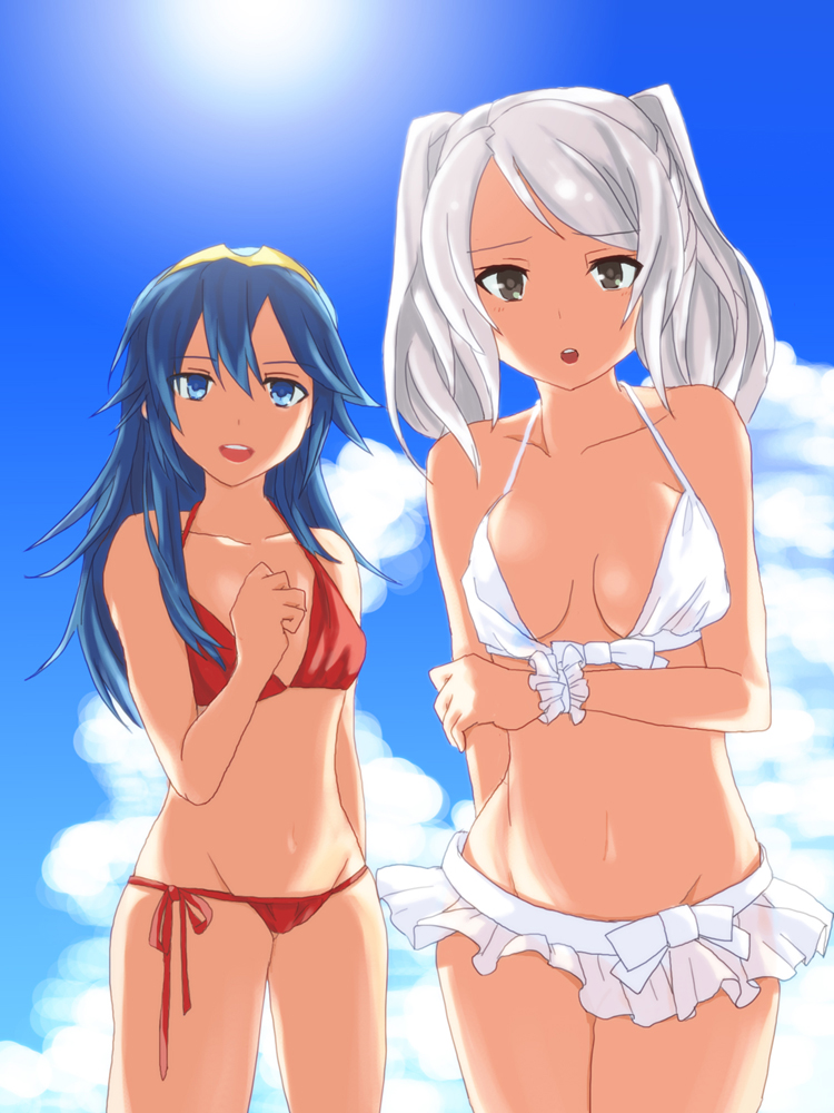 2girls, bikini, bikini_skirt, blue_eyes, blue_hair, bracelet, brown_eyes, cute