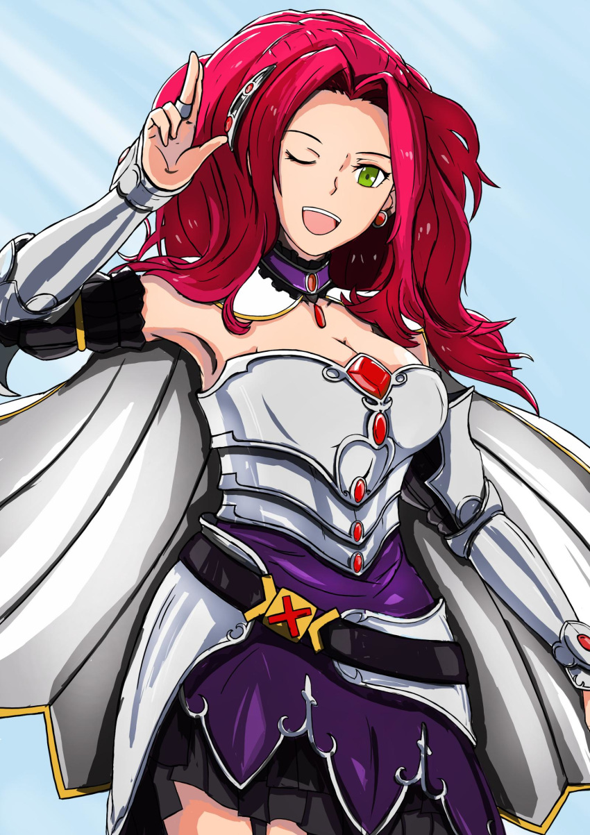 1girl, ;d, armor, armored_dress, breasts, cape, choker, cleavage
