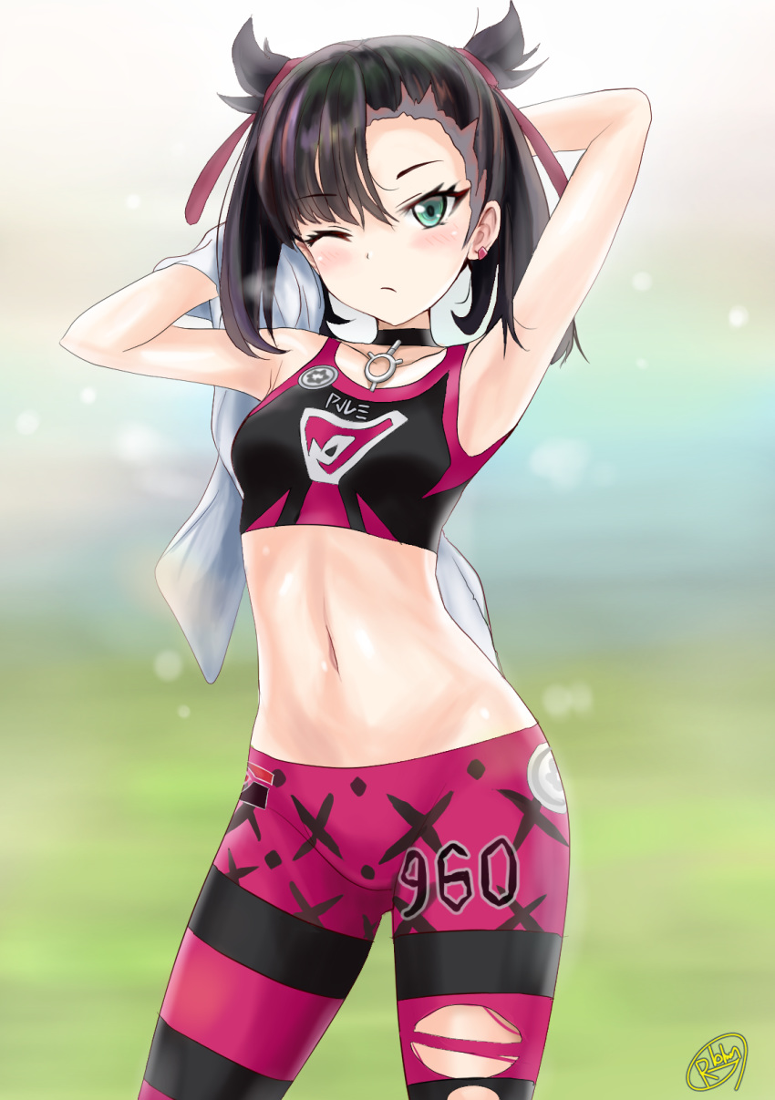 1girl, armpits, asymmetrical_bangs, bangs, black_hair, blurry, blurry_background, choker, closed_mouth, collarbone, crop_top, earrings, green_eyes, hair_ribbon, highres, holding, holding_towel, jewelry, long_hair, looking_at_viewer, mary_(pokemon), midriff, navel, one_eye_closed, pokemon, pokemon_(game), pokemon_swsh, r-binon, red_ribbon, ribbon, shiny, shiny_hair, skin_tight, solo, standing, stomach, towel, two_side_up