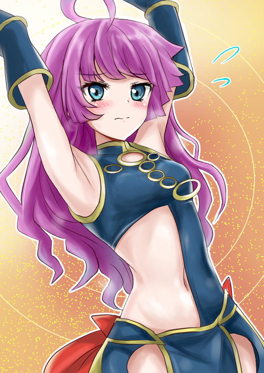 1girl, ahoge, armpits, arms_up, bangs, blue_eyes, blush, breasts