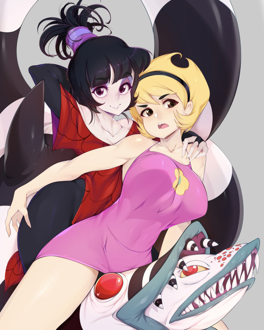 absurdres, beetlejuice, black_lipstick, blonde_hair, breasts, brown_eyes, covered_navel, dress, eyeshadow, headband, highres, lipstick, looking_at_viewer, lydia_deetz, makeup, mandy, medium_breasts, pink_dress, ponytail, sharp_teeth, shiny, shiny_hair, shiny_skin, short_dress, short_hair, simple_background, slugbox, teeth, the_grim_adventures_of_billy_&amp;_mandy, violet_eyes, white_background