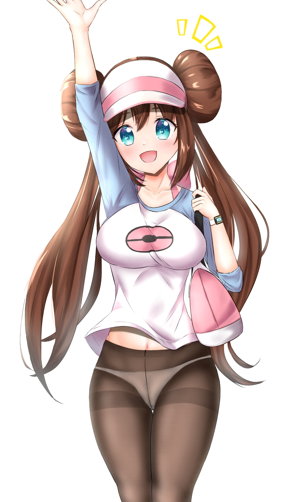 1girl, :d, arm_up, bag, bangs, black_legwear, blue_eyes, brown_hair