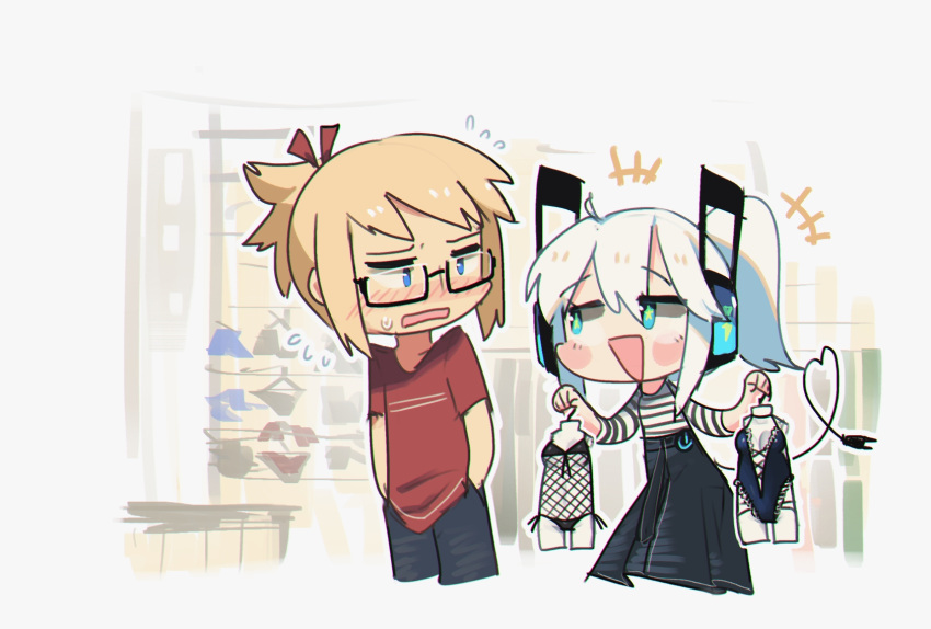 +++, 1boy, 1girl, :d, aqua_eyes, bangs, black-framed_eyewear, blue_eyes