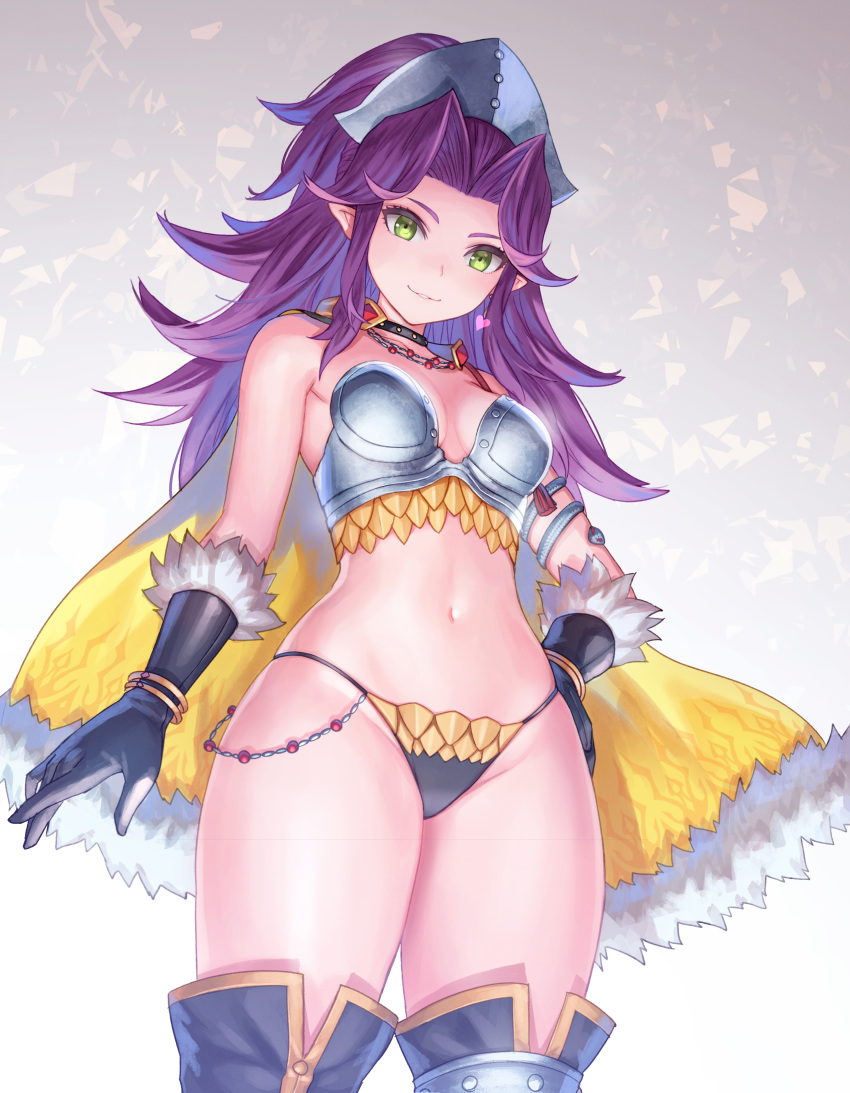 1girl, absurdres, anbe_yoshirou, angela_(seiken_densetsu_3), armor, bare_shoulders, bikini, bikini_armor, bikini_bottom, black_bikini, black_choker, black_gloves, boots, breasts, cape, choker, cowboy_shot, from_below, fur_trim, gloves, green_eyes, grey_background, headgear, highres, long_hair, looking_at_viewer, magus_(seiken_densetsu_3), medium_breasts, navel, pointy_ears, purple_hair, revealing_clothes, seiken_densetsu, seiken_densetsu_3, sidelocks, skindentation, solo, standing, stomach, string_bikini, swimsuit, thigh-highs, thigh_boots, thighs