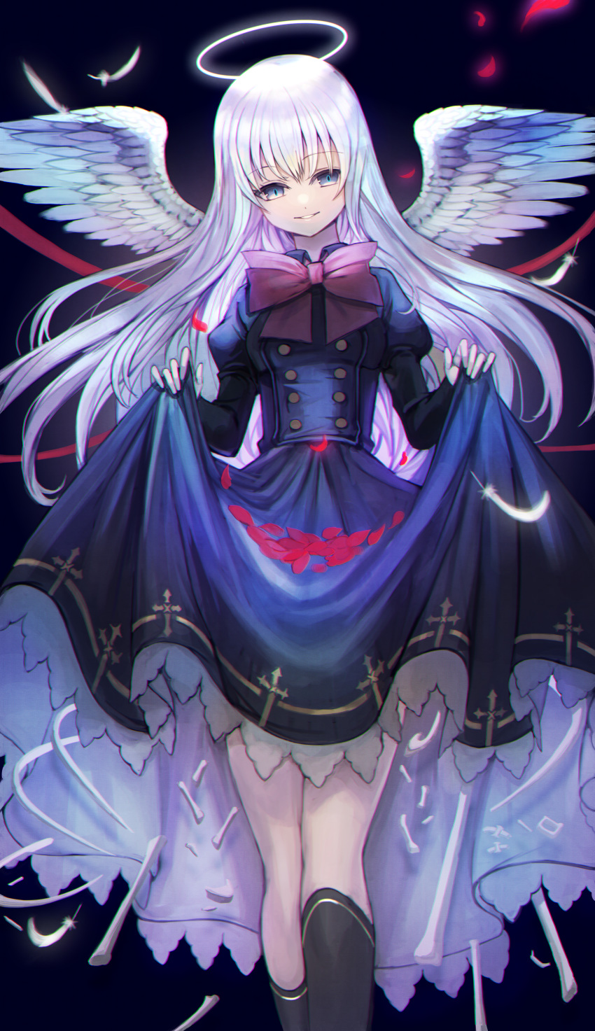 1girl, absurdres, amahara_subaru, angel, angel_wings, black_legwear, blue_eyes, blue_wedding_dress