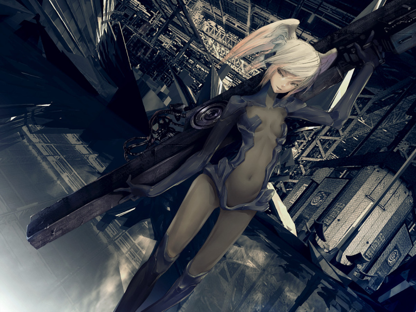 body_suit, brown_eyes, grey_hair, gun, huge_gun, huge_weapon, navel, original