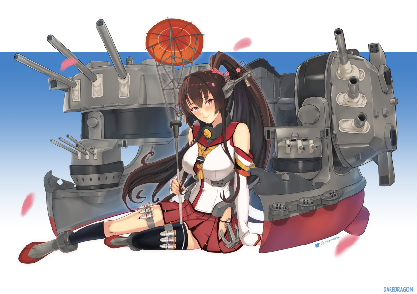 1girl, anchor, arm_support, asymmetrical_legwear, black_legwear, blush, breasts, closed_mouth
