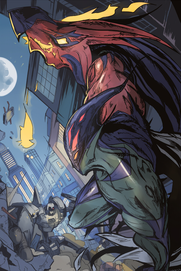 ancient_gear_golem, battle, black_wings, city, dragon, duel_monster, elemental_hero_flame_wingman, feathered_wings