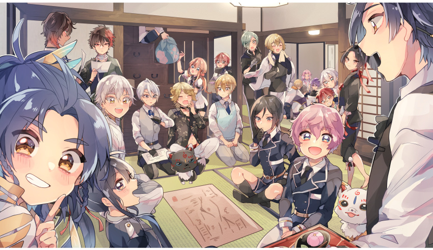6+boys, :d, ^_^, absurdres, aizen_kunitoshi, akita_toushirou, aqua_eyes, architecture, black_gloves, black_hair, black_legwear, blonde_hair, blue_eyes, blue_hair, brown_hair, chatan_nakiri, chiro_(chi-bu-ko), choker, closed_eyes, collared_shirt, drawer, east_asian_architecture, eyes_visible_through_hair, food, fox, gloves, green_eyes, green_hair, grin, hakata_toushirou, heshikiri_hasebe, higekiri_(touken_ranbu), highres, hizamaru_(touken_ranbu), hizen_tadahiro, hotarumaru, huge_filesize, indian_style, jacket, jacket_on_shoulders, kneehighs, kogarasumaru_(touken_ranbu), konnosuke, kuronosuke, male_focus, map, midare_toushirou, military, military_uniform, minamoto_kiyomaro, multicolored_hair, multiple_boys, namazuo_toushirou, nansen_ichimonji, necktie, ookurikara, open_mouth, pants, paper, pink_hair, ponytail, purple_hair, redhead, seiza, shinano_toushirou, shirt, shokudaikiri_mitsutada, shorts, sitting, sliding_doors, smile, sweater_vest, taikogane_sadamune, tearing_up, touken_ranbu, track_jacket, tray, tsurumaru_kuninaga, two-tone_hair, uniform, violet_eyes, wagashi, white_hair, yagen_toushirou, yamanbagiri_chougi, yamanbagiri_kunihiro, yawning, yellow_eyes