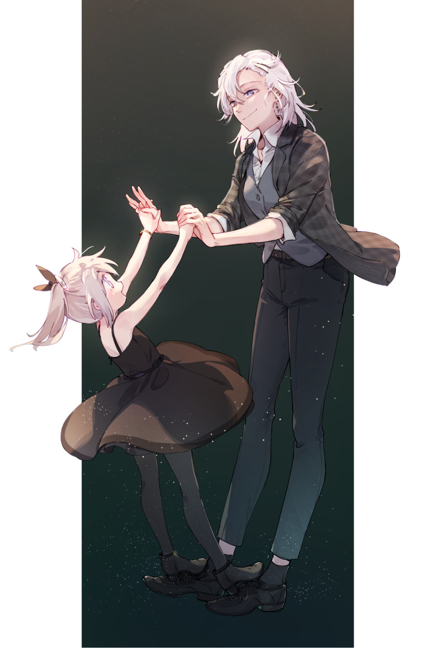 2girls, alternate_costume, alternate_hairstyle, black_dress, commentary_request, dancing, dress, formal