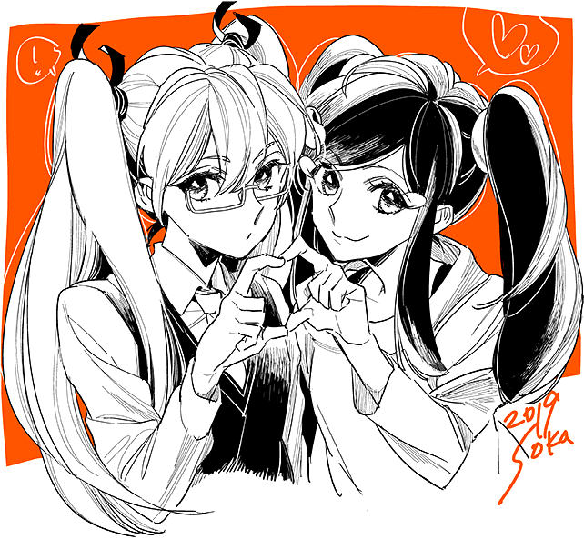 !, 2girls, aft5, eyebrows_visible_through_hair, eyeshadow, finger_heart, glasses, hatsune_miku_(shinkalion)