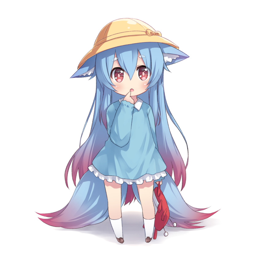 1girl, animal_ear_fluff, animal_ears, arm_behind_back, blue_dress, blue_hair, brown_footwear, character_request, child, dress, finger_to_mouth, fox_ears, fox_tail, full_body, gradient_hair, hat, highres, kindergarten_uniform, kneehighs, long_hair, looking_at_viewer, multicolored_hair, multiple_tails, open_mouth, original, pink_hair, red_eyes, school_hat, shoes, simple_background, solo, stuffed_toy, tail, tamase_tama, very_long_hair, virtual_youtuber, white_background, white_legwear, yellow_headwear