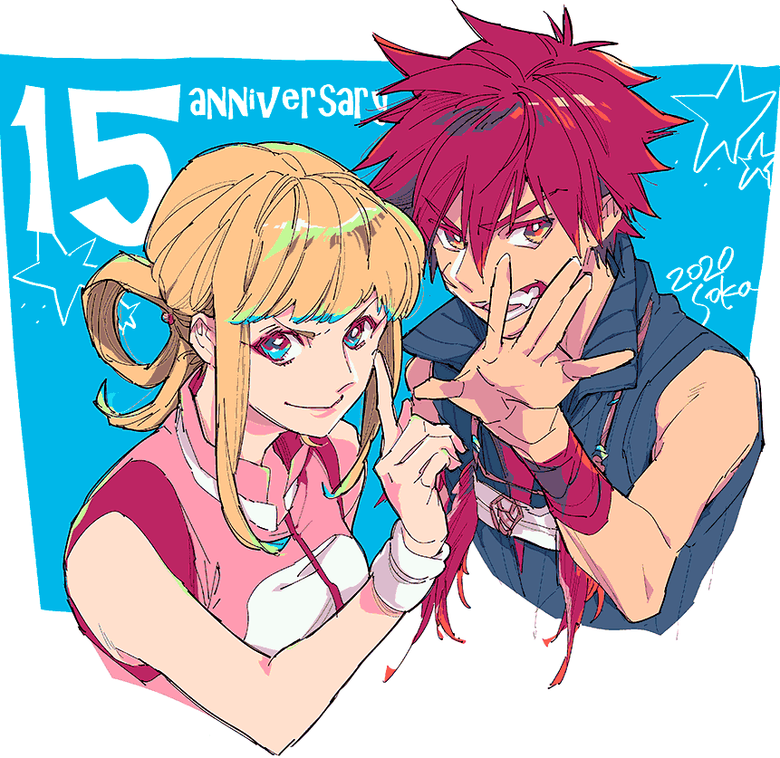 1boy, 1girl, aft5, anniversary, apollo_(aquarion), aquarion_(series), blonde_hair, blue_eyes