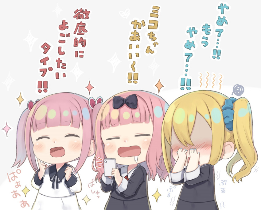3girls, :d, ^_^, bangs, black_bow, black_dress, black_ribbon, black_shirt