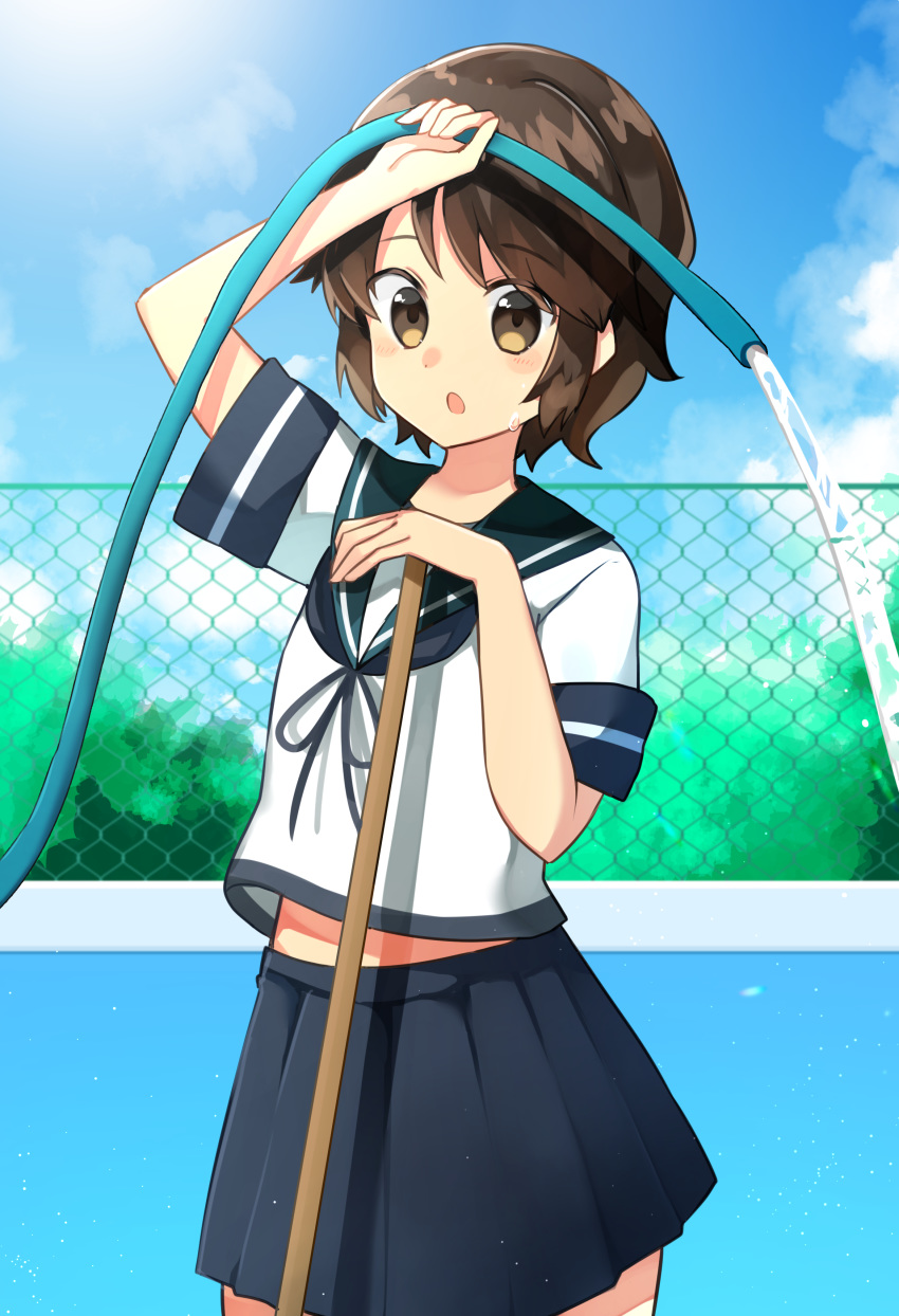 1girl, absurdres, black_hair, blue_sailor_collar, blue_skirt, blue_sky, brown_eyes, bush