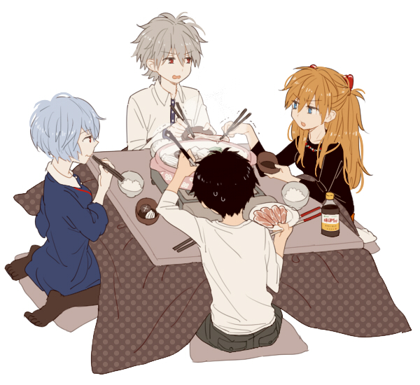 0930erina, 2boys, 2girls, ayanami_rei, black_hair, black_shirt, blue_eyes, blue_hair