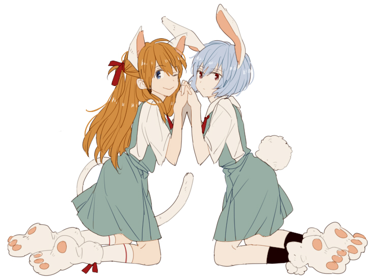 0930erina, 2girls, animal_ears, black_legwear, blue_eyes, blue_skirt, bunny_tail, cat_ears