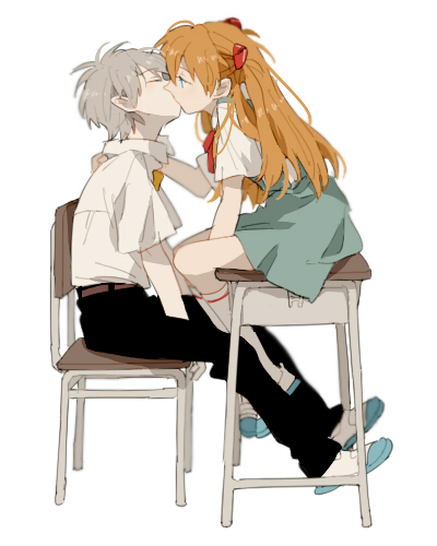 0930erina, 1boy, 1girl, bangs, belt, black_pants, blue_eyes, blue_skirt, chair, closed_eyes, collar, desk, french_kiss, grey_hair, hair_ornament, hairclip, kiss, long_hair, lowres, nagisa_kaworu, neck_ribbon, neon_genesis_evangelion, on_desk, orange_hair, pants, red_ribbon, ribbon, school_chair, school_desk, school_uniform, shirt, shoes, short_hair, sitting, sitting_on_desk, skirt, socks, souryuu_asuka_langley, uwabaki, white_collar, white_legwear, white_shirt