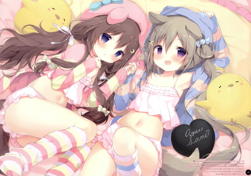 2girls, :d, :o, absurdres, animal_ears, animal_hat, animal_hood, arm_up