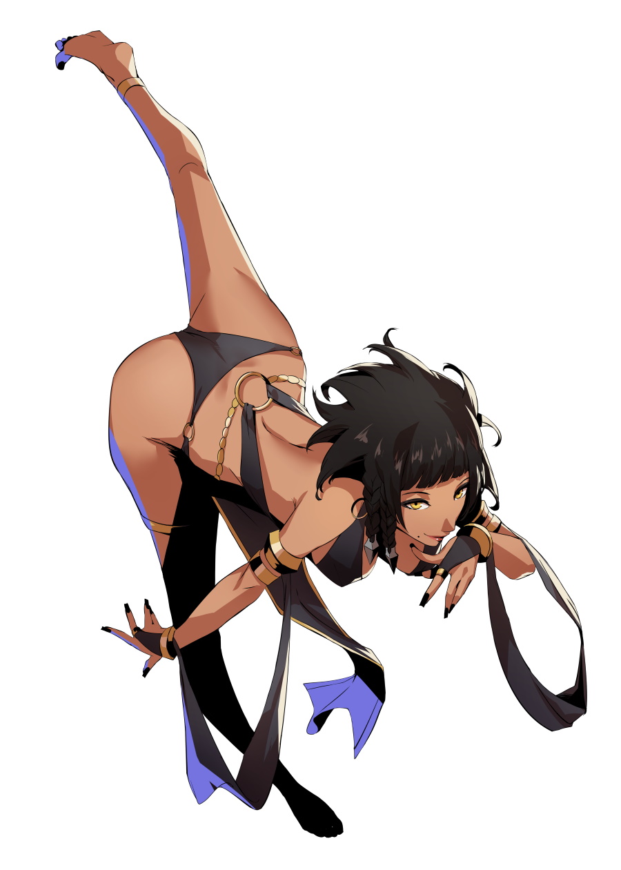 1girl, aisha_nejem, anklet, armlet, ass, barefoot, black_eyeshadow, black_hair, black_panties, blazpu, breasts, bridal_gauntlets, commission, dancer, dark_skin, downblouse, earrings, egyptian, eyeshadow, fictional_persona, final_fantasy, final_fantasy_xiv, flat_ass, full_body, highres, hoop_earrings, jewelry, looking_at_viewer, makeup, medium_breasts, mole, mole_under_mouth, o-ring, o-ring_bottom, o-ring_panties, panties, pelvic_curtain, plantar_flexion, short_braid, short_hair, side_braids, soles, solo, standing, standing_on_one_leg, underwear