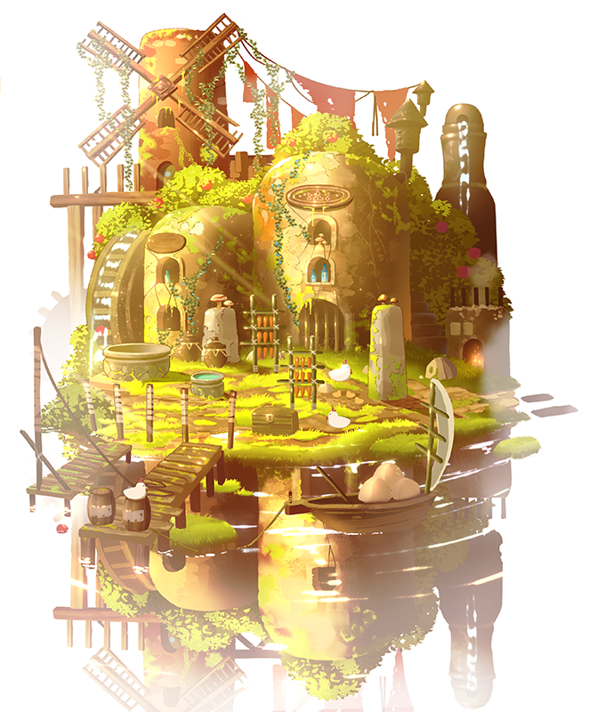 apokarihardcore, barrel, bird, boat, chest, chicken, day, fantasy, fireplace, grass, laundry, mushroom, no_humans, original, outdoors, pier, reflection, scenery, water_wheel, watercraft, windmill, window