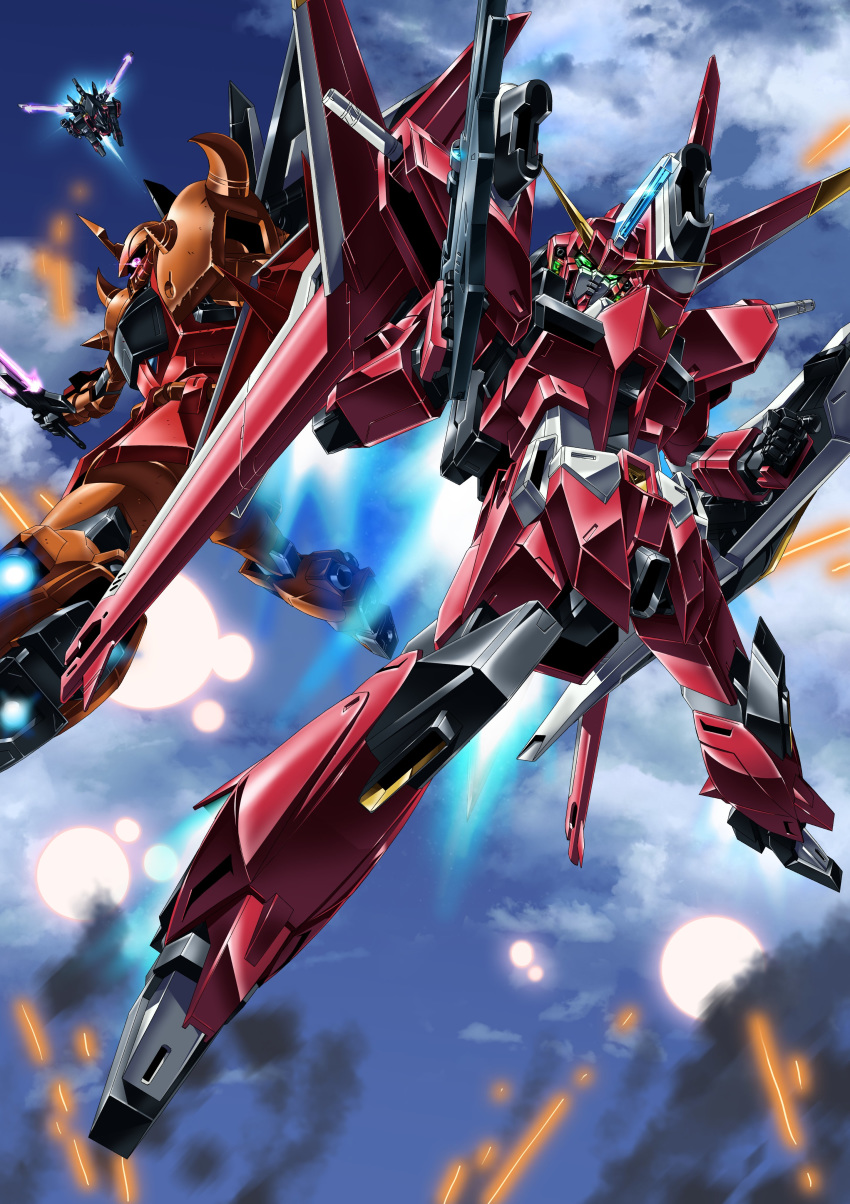 absurdres, clenched_hands, flying, gaia_gundam, glowing, glowing_eyes, gouf_ignited, green_eyes, gundam, gundam_seed, gundam_seed_destiny, highres, holding, holding_shield, holding_sword, holding_weapon, looking_at_viewer, looking_down, mecha, mechanical_wings, no_humans, one-eyed, paintedmike, saviour_gundam, shield, sword, violet_eyes, weapon, wings