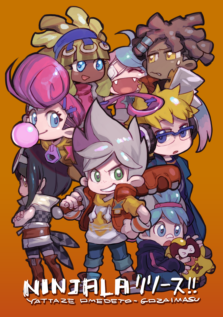 4boys, 4girls, berecca, black_hair, blonde_hair, blue_eyes, blue_hair, brown_hair, bubble_blowing, burton_(ninjala), chewing_gum, copyright_name, dark_skin, dark_skinned_male, emma_(ninjala), eyepatch, fangs, freckles, full_body, glasses, green_eyes, grey_hair, grin, highres, jane_(ninjala), kappei_(ninjala), lucy_(ninjala), multicolored_hair, multiple_boys, multiple_girls, ninjala, nun_(cnrf3882), one_eye_closed, open_mouth, pink_hair, purple_hair, romaji_text, ron_(ninjala), smile, sweatdrop, two-tone_hair, van_(ninjala), violet_eyes, yellow_eyes