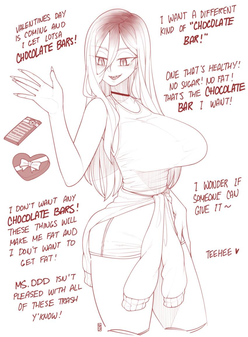 1girl, breasts, candy, chocolate, chocolate_bar, choker, clothes_around_waist, ekz_(drawfag)