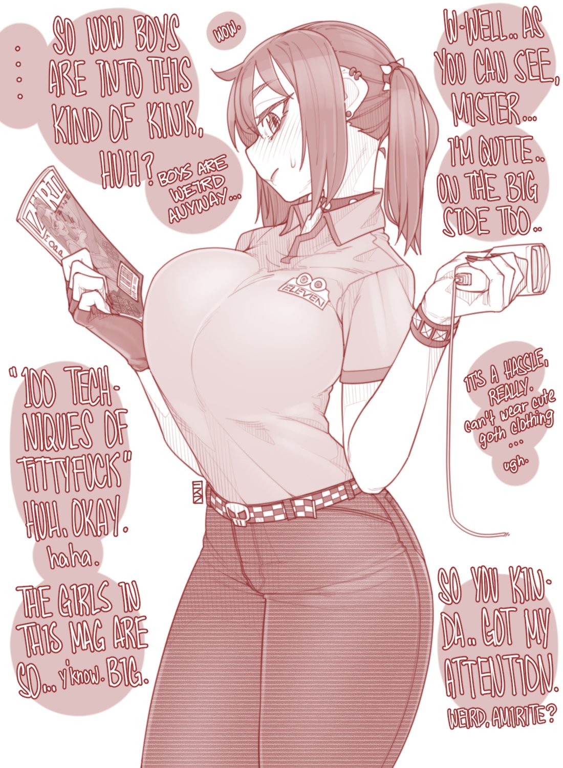 1girl, 7-eleven, barcode_scanner, blush, breasts, collar, ear_piercing, earrings