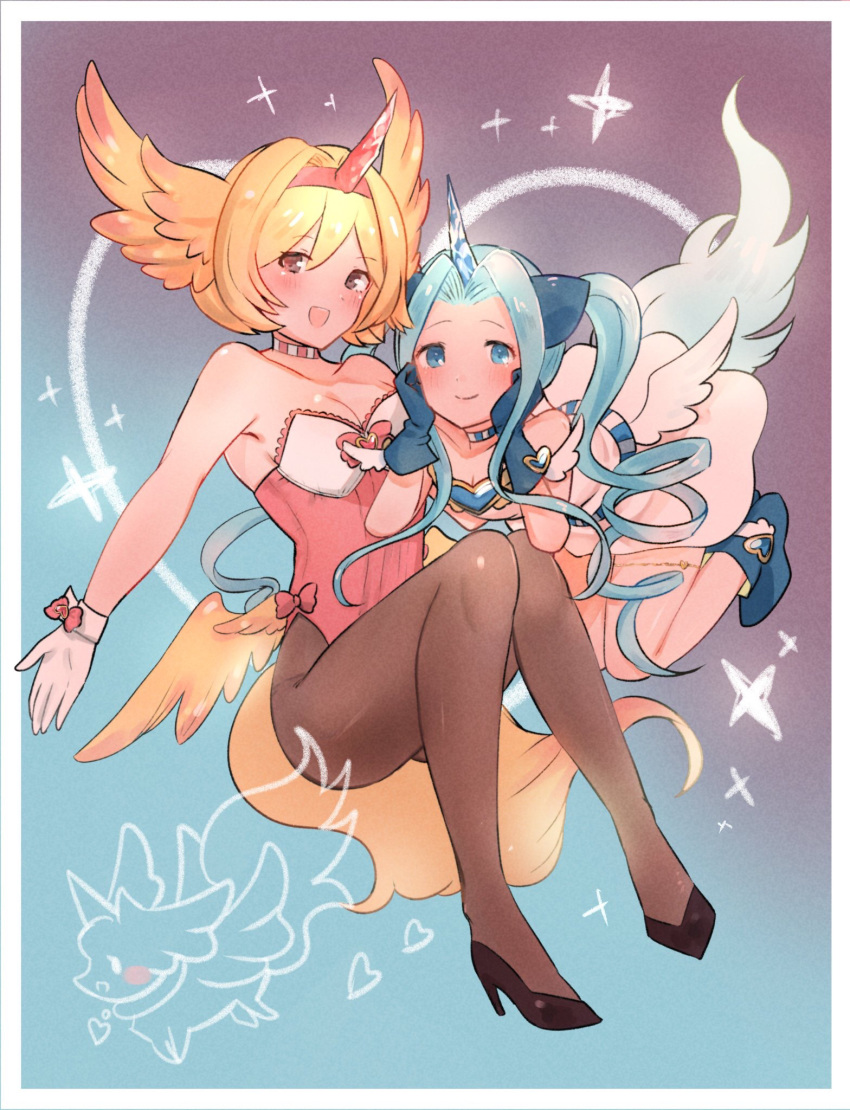 2girls, adapted_costume, alternate_costume, bangs, bare_shoulders, blonde_hair, blue_eyes, blue_hair, brown_eyes, bunnysuit, carbuncle_(granblue_fantasy), carbuncle_(granblue_fantasy)_(cosplay), choker, cosplay, djeeta_(granblue_fantasy), drill_hair, feathered_wings, gloves, granblue_fantasy, head_wings, high_heels, highres, horns, long_hair, lyria_(granblue_fantasy), multiple_girls, nakonbu, pantyhose, short_hair, sidelocks, single_horn, tail, very_long_hair, wings