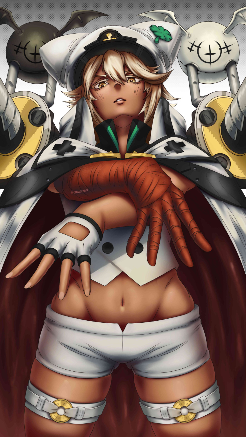 1girl, absurdres, bandaged_arm, bandages, cloak, clover, crossed_arms, dark_skin, fingerless_gloves, floating_swords, four-leaf_clover, gloves, guilty_gear, guilty_gear_strive, hat, highres, hip_bones, huge_weapon, ivanmz, looking_at_viewer, navel, orange_eyes, platinum_blonde_hair, popped_collar, pose, ramlethal_valentine, short_shorts, shorts, single_fingerless_glove, solo_focus, thigh_strap, weapon