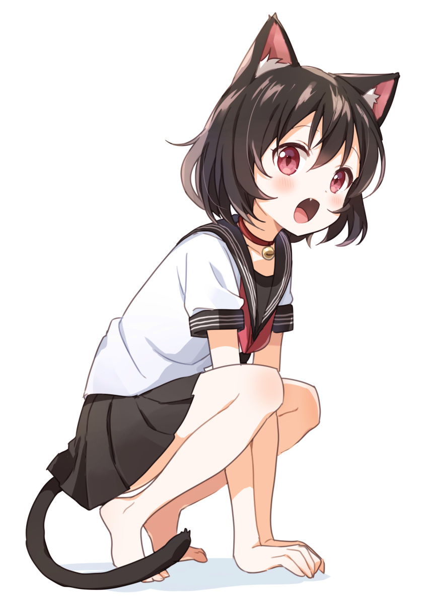 1girl, absurdres, animal_ear_fluff, animal_ears, bare_legs, barefoot, bell, bell_choker