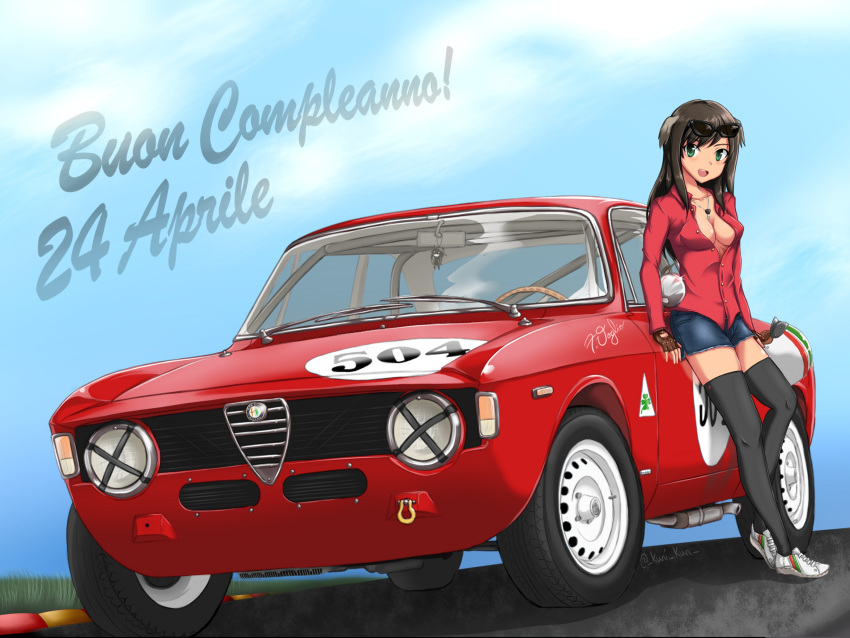 1girl, absurdres, alfa_romeo, alfa_romeo_giulia, animal_ears, bangs, black_hair, black_legwear, blue_shorts, blue_sky, breasts, car, character_name, collared_shirt, commentary, cutoffs, dark_skin, dated, day, denim, denim_shorts, dog_ears, english_commentary, eyewear_on_head, federica_n_doglio, green_eyes, ground_vehicle, happy_birthday, highres, italian_flag, italian_text, jewelry, kuni-kun, long_hair, long_sleeves, looking_at_viewer, medium_breasts, motor_vehicle, necklace, open_mouth, outdoors, partially_unbuttoned, red_shirt, road, shirt, shoes, short_shorts, shorts, sky, smile, sneakers, solo, standing, sunglasses, thigh-highs, twitter_username, white_footwear, world_witches_series