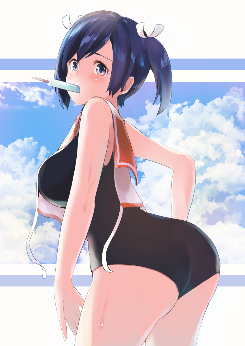 1girl, ass, blue_hair, blue_sky, breasts, brown_eyes, clouds, commentary_request, cosplay, cowboy_shot, food, highres, i-401_(kantai_collection), i-401_(kantai_collection)_(cosplay), kantai_collection, large_breasts, leaning_forward, looking_at_viewer, mouth_hold, orange_sailor_collar, popsicle, sailor_collar, school_swimsuit, shirt, side-tie_shirt, sky, sleeveless, sleeveless_shirt, solo, souryuu_(kantai_collection), swimsuit, taisho_(gumiyuki), twintails, untied
