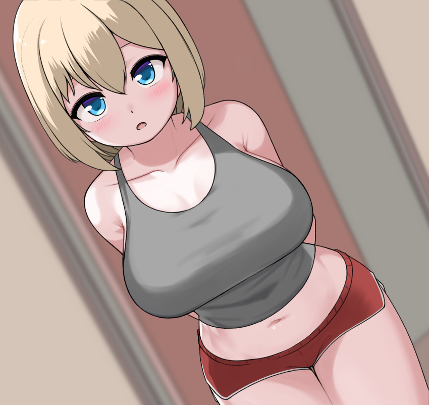 1girl, absurdres, arms_behind_back, blonde_hair, blue_eyes, blush, collarbone, dutch_angle