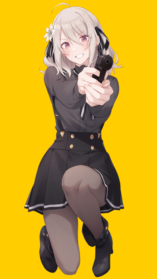1girl, ahoge, bangs, black_footwear, black_skirt, blush, boots, commentary