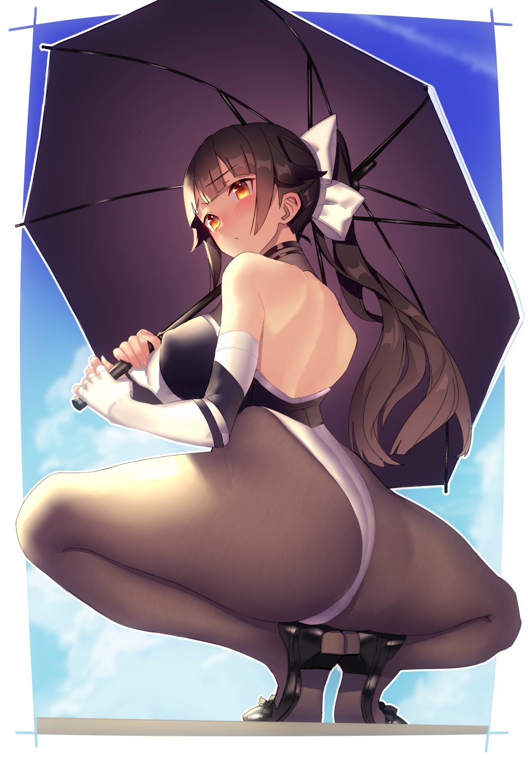 1girl, ass, azur_lane, black_hair, black_legwear, blue_sky, bow, breasts