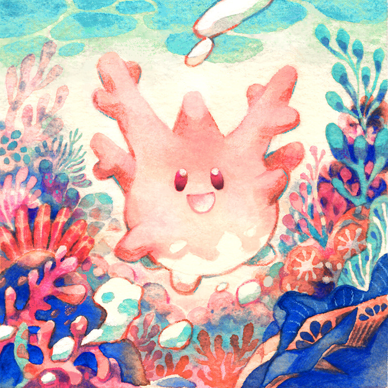 :d, black_eyes, commentary, coral, coral_reef, corsola, english_commentary, full_body, gen_2_pokemon, limestone, no_nose, ocean, open_mouth, pokemon, pokemon_(game), smile, solid_oval_eyes, traditional_media, underwater, watercolor_(medium), yi-wen_leow_(starstray)