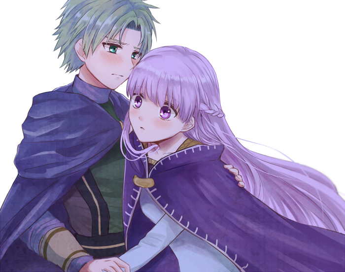 1boy, 1girl, bangs, blue_dress, blush, cape, closed_mouth, couple
