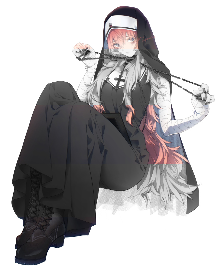 1girl, bandaged_arm, bandaged_hands, bandages, bare_shoulders, beads, black_footwear, black_nails