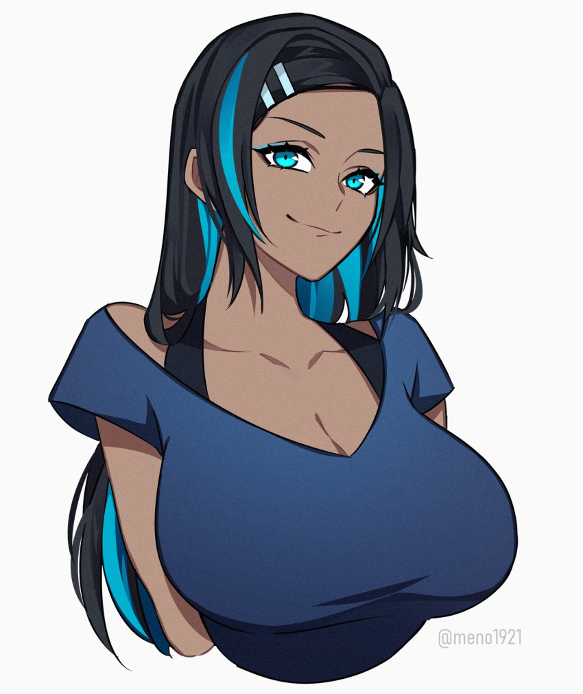 1girl, aqua_eyes, black_hair, blue_hair, blue_shirt, breasts, collarbone, commentary