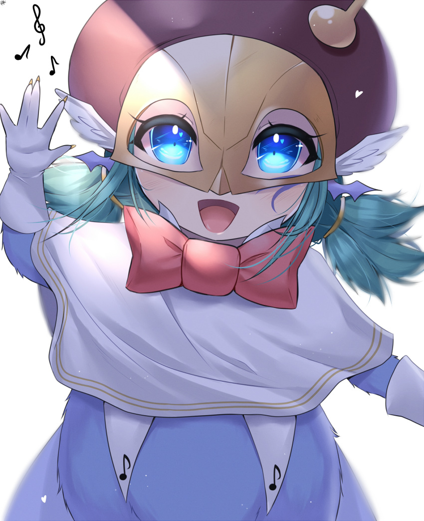 1girl, :d, aqua_hair, bird_legs, bow, bowtie, capelet, digimon