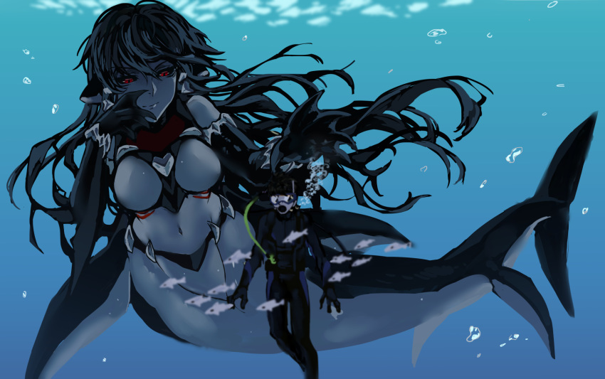 1boy, 1girl, air_bubble, bangs, bare_shoulders, black_hair, black_sclera, blue_skin